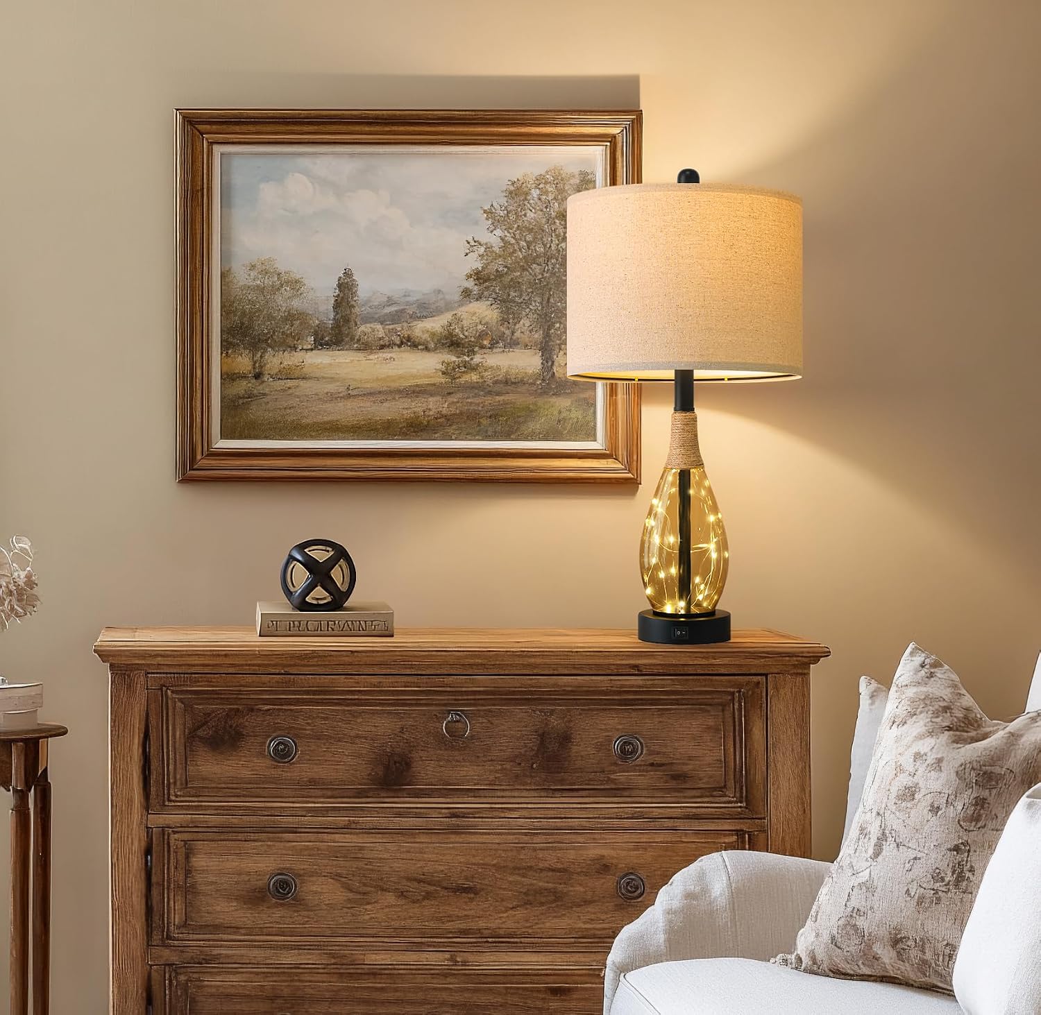 OYEARS 23' Table Lamps for Living Room Set of 2 Bedside Lamps for Night Stands Bedroom Lamps Farmhouse Rattan Boho Lamp Glass Nightlight End Table Lamp,Two Light Points