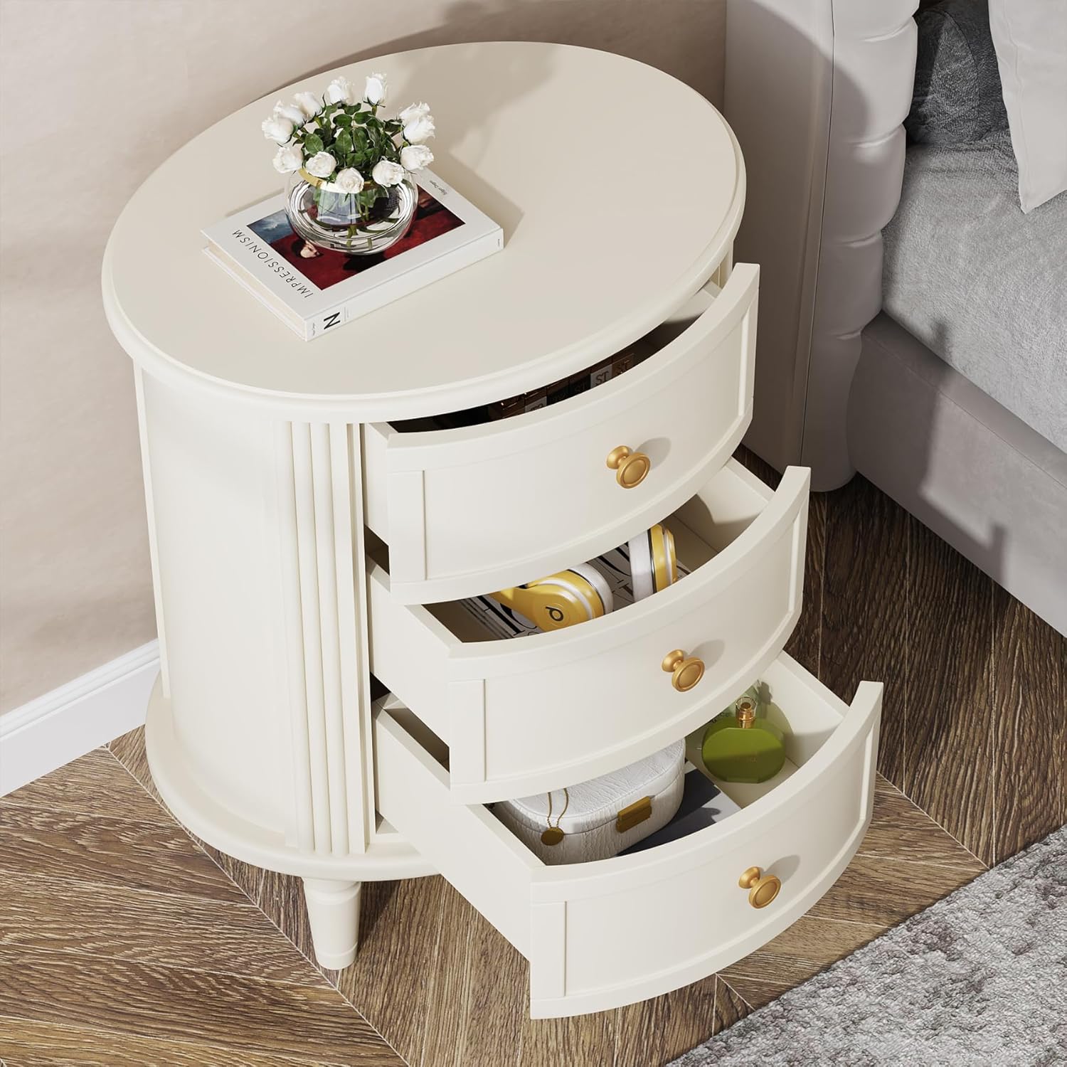 Tribesigns Nightstand with 3 Drawers, Oval Bed Side Table for Bedroom, Fully Assembled, Farmhouse Night Stand with Storage, Wooden Side End Table with Solid Wood Legs for Living Room, Beige White