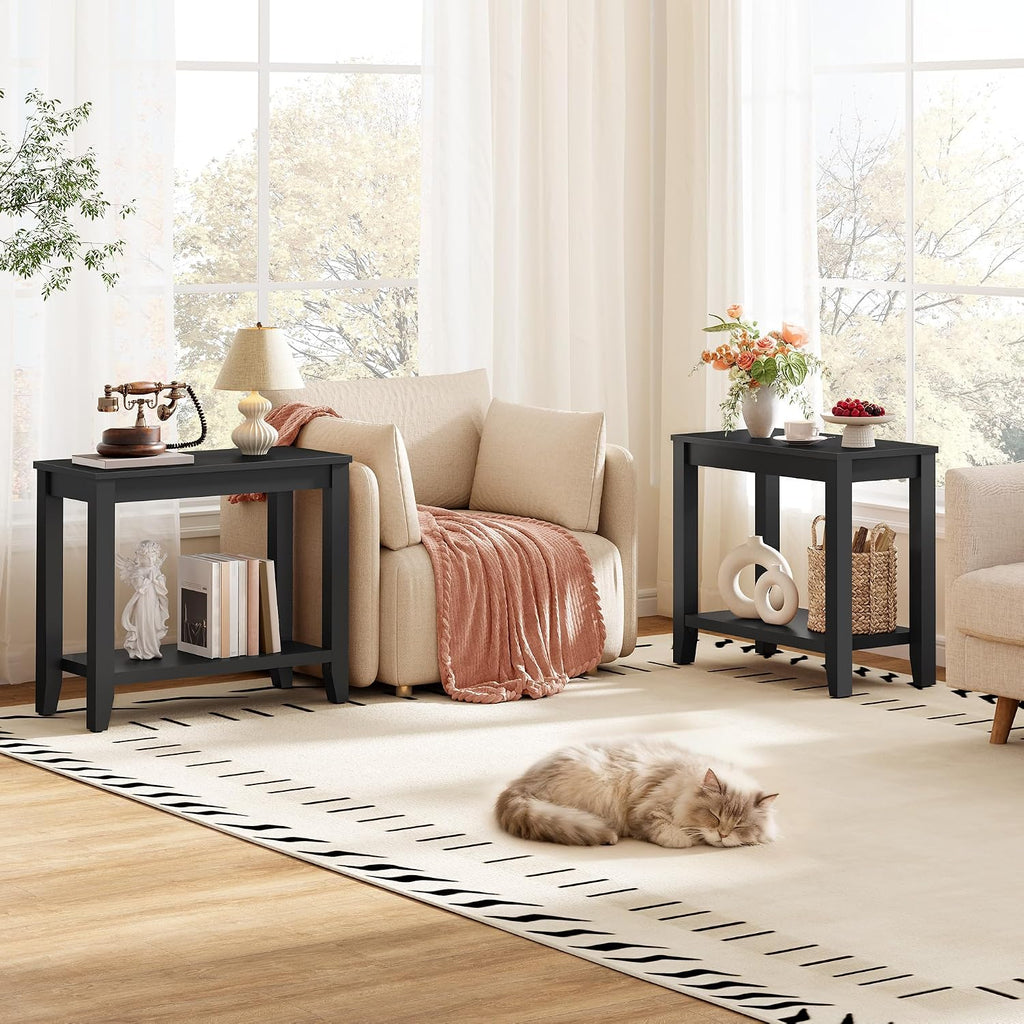 Hoctieon End Table with Double Storage Shelves, Sturdy Wooden Side Table for Living Room, Bedroom, Modern Nightstand Sofa Table for Small Spaces, Black, Set of 2