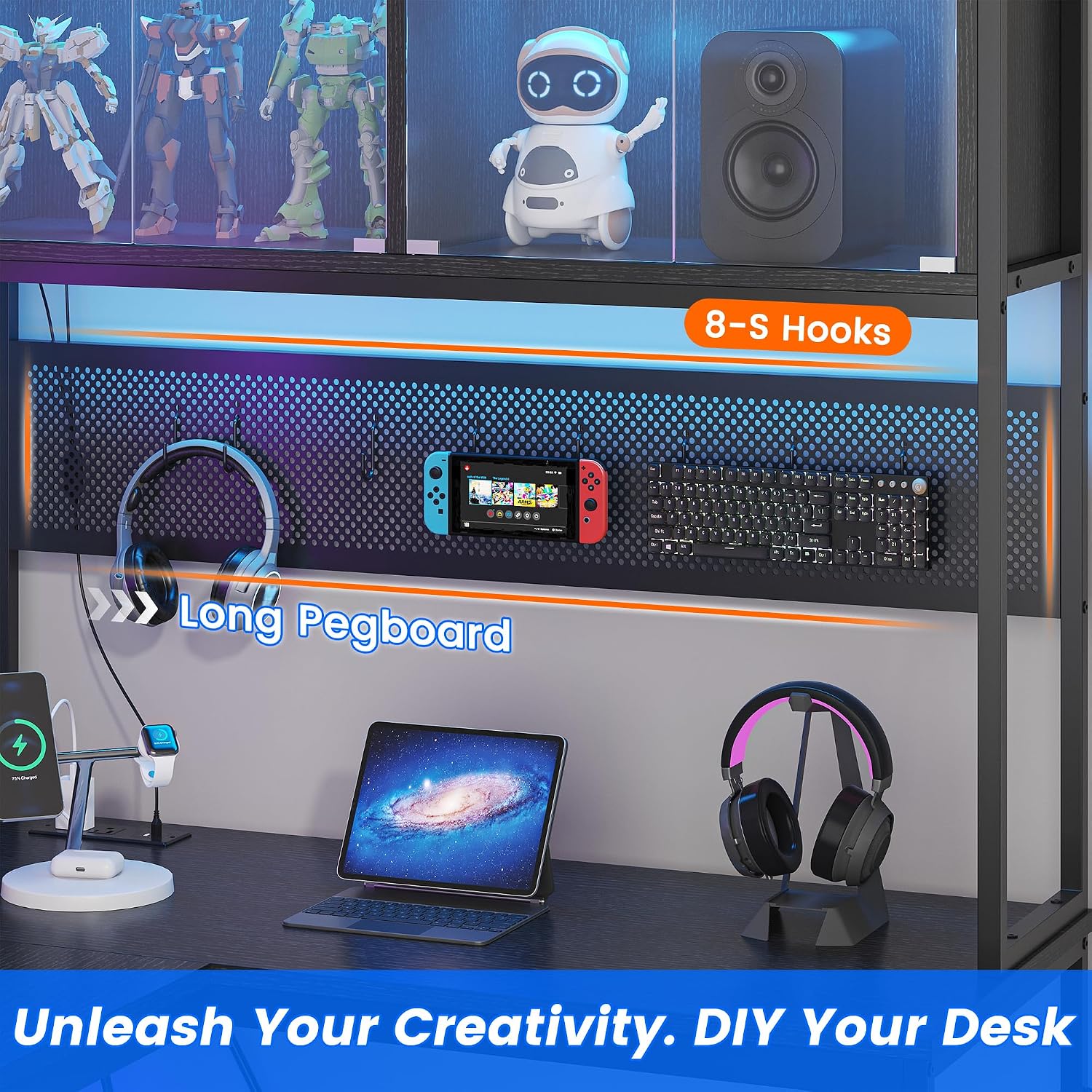 kepptory L Shaped Gaming Desk with 2 Drawers and Hutch, Home Office Computer Desk with Computer Stand and Pegboard, Corner Desk with Printer Desktop&Power Outlet, Black