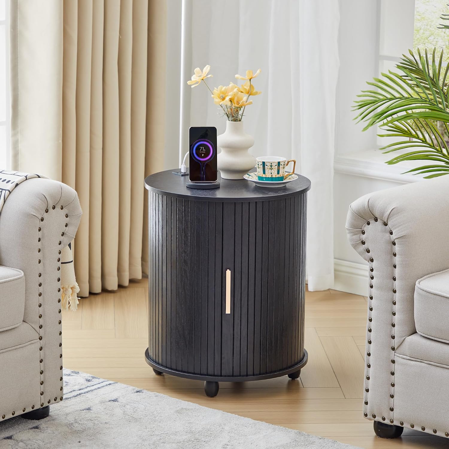 Set of 2 Fluted Round End Table with Charging Station, Small Farmhouse Sofa Side Table with Sliding Tambour Door & Storage, Mid-Century Wood Fulted Nightstands for Living Room, Bedroom (Black)