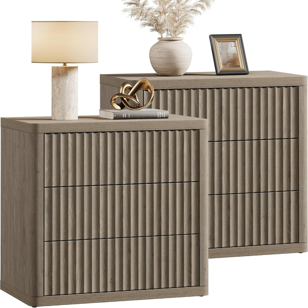 SICOTAS Night Stand Set 2 - Oversized Extra Large Bedside Table Modern Side Table with Storage Fluted 3 Drawer Nightstand 27.5' W End Tables Dorm Room Nightstands for Bedroom Sofa Couch Home Office
