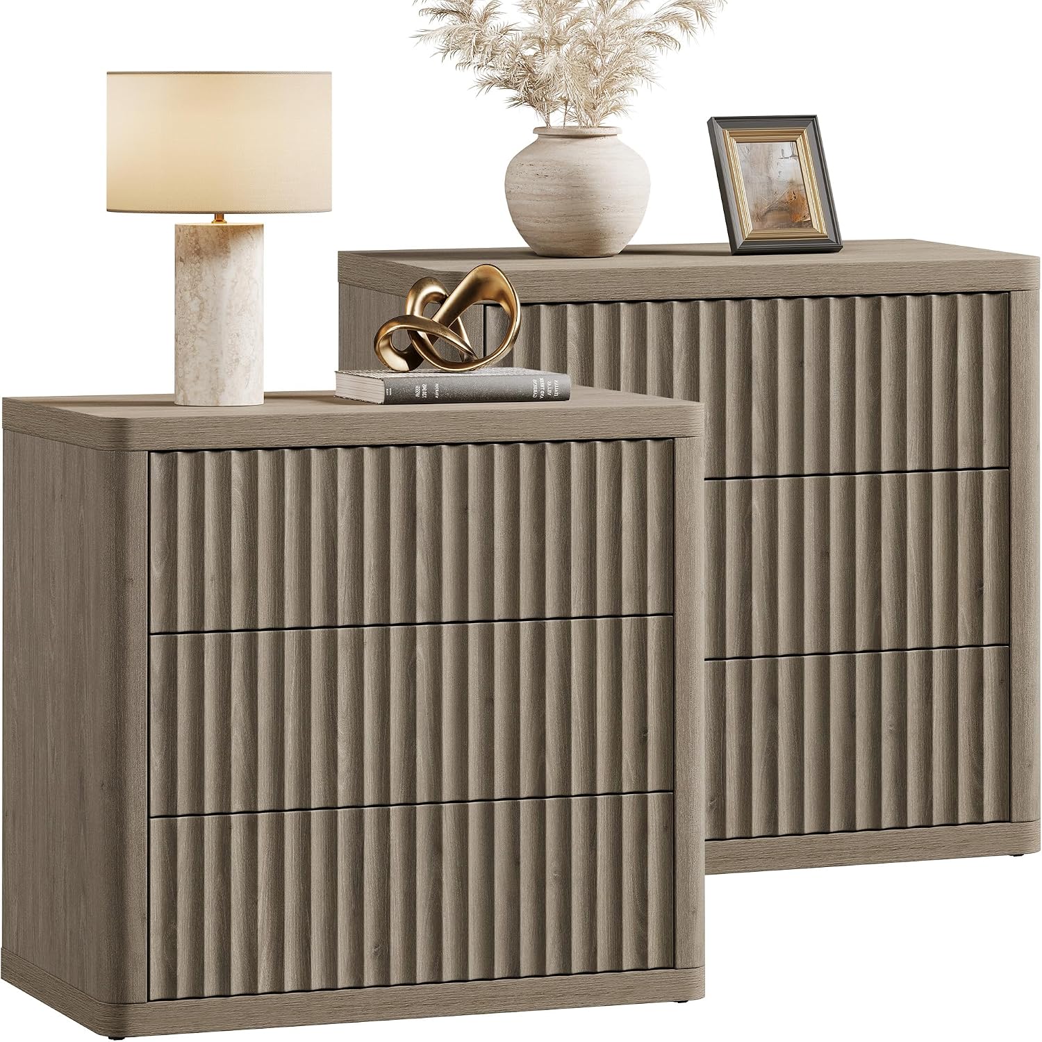 SICOTAS Night Stand Set 2 - Oversized Extra Large Bedside Table Modern Side Table with Storage Fluted 3 Drawer Nightstand 27.5' W End Tables Dorm Room Nightstands for Bedroom Sofa Couch Home Office