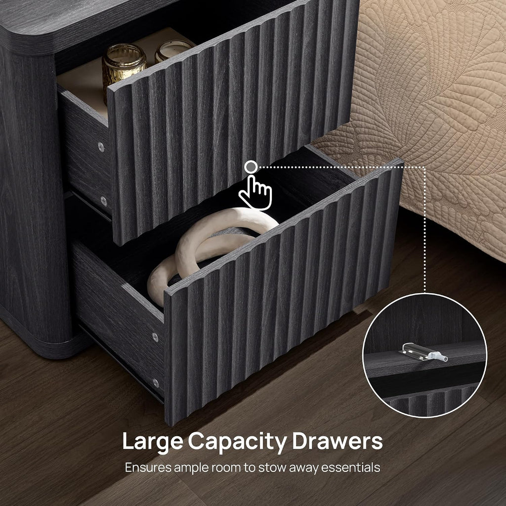 SICOTAS Night Stand Set of 2 Nightstands with 2 Drawers Storage Bedside Table Large Fluted Bed Side End Table Modern 24.4' Tall Wide Night Stands for Bedroom Living Room Sofa Couch Office