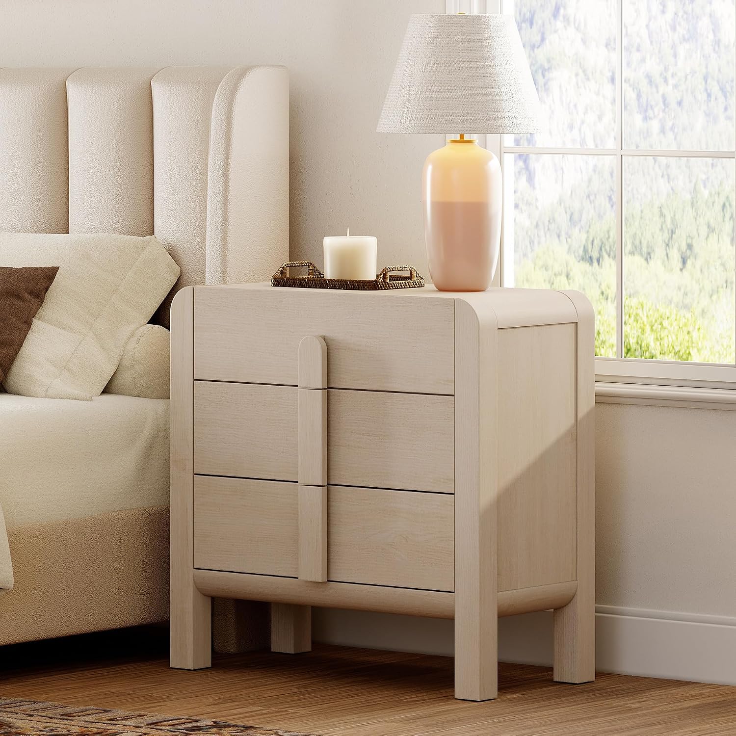 WAMPAT Nightstands Set of 2, Large Nightstands with 3 Drawers, 31.5' Tall Wooden End Tables with Storage, Modern Beige Nightstands Bedside Tables with Curved Design for Bedroom