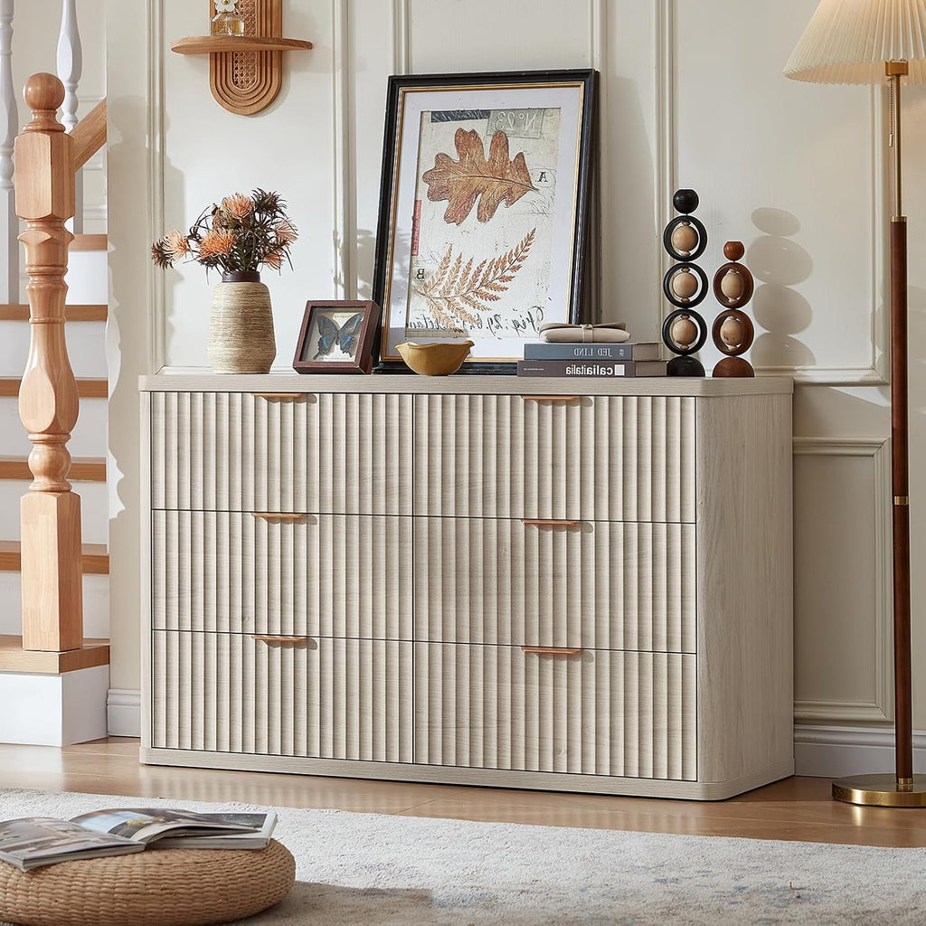 LEYAOYAO Fluted 6 Drawers Dresser Set of 2, 48' Wide Modern Chest of Drawers with Metal Handle, Light Grey Curved Profile Dresser TV Stand, Wooden Drawer Organizer for Bedroom, Living Room, Hallway