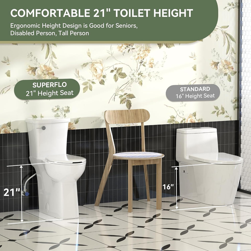 SUPERFLO 21 Inch Extra Tall Toilets Comfort Height Toilet for Seniors & Tall Adults, ADA Elongated Toilet with 1.28 GPF Single Flush, Easy Install Bathroom Toilet (White)