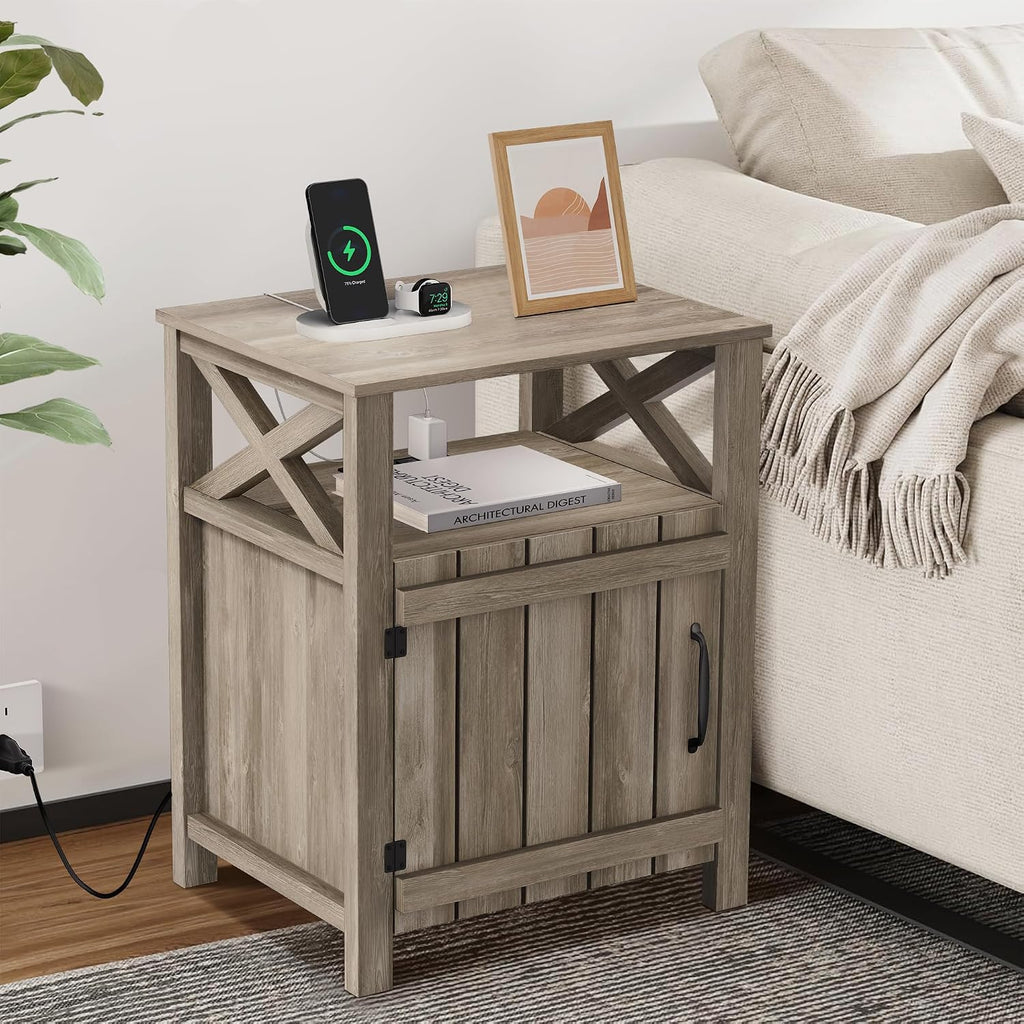 Farmhouse Nightstand Set of 2 with Charging Station, Gray, Side Table, End Table with Barn Door & Shelf, Rustic, for Bedroom, Living Room