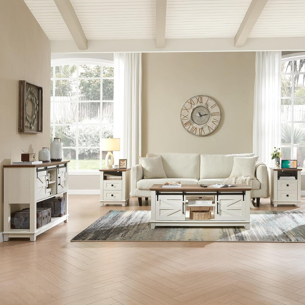 AMERLIFE Farmhouse 4-Piece Living Room Set, Entryway Console with Adjustable Shelves, Pair of 18' End Tables with Charging Station, Large Rectangular Coffee Table with Sliding Barn Doors, Rustic White