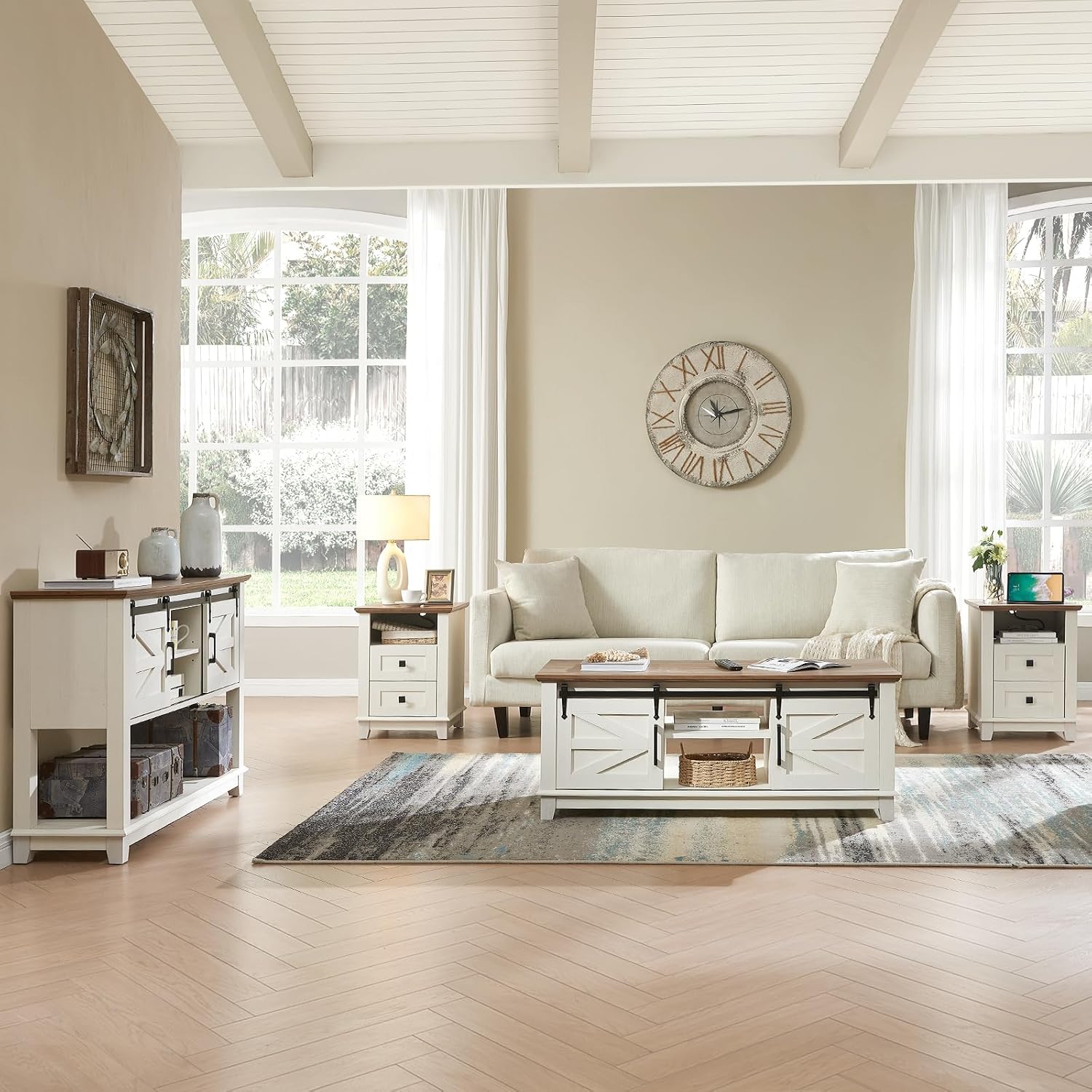 AMERLIFE Farmhouse 4-Piece Living Room Set, Entryway Console with Adjustable Shelves, Pair of 18' End Tables with Charging Station, Large Rectangular Coffee Table with Sliding Barn Doors, Rustic White