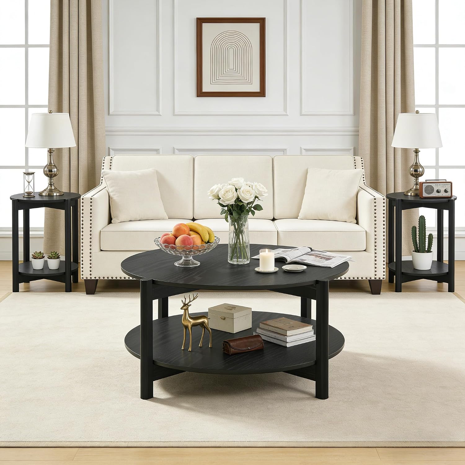 Round Coffee Table Set of 2, 34.4' Modern Wood Coffee Table and Side Table, Sturdy X-Brace Frame, 2 Piece Coffee Table for Living Room, Home Office