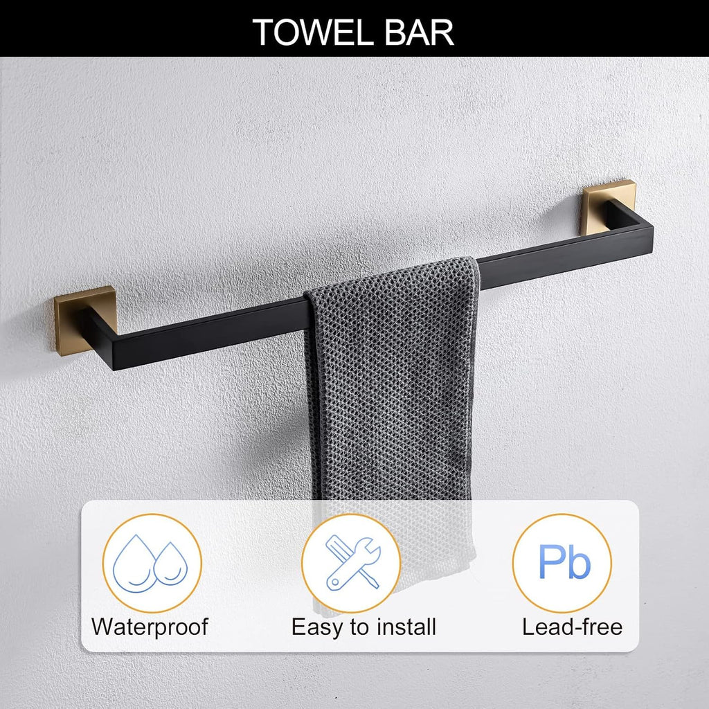 5-Piece Modern Bathroom Hardware Set, Stainless Steel Towel Bar Set with Robe Hook, Matte Black & Gold Finish