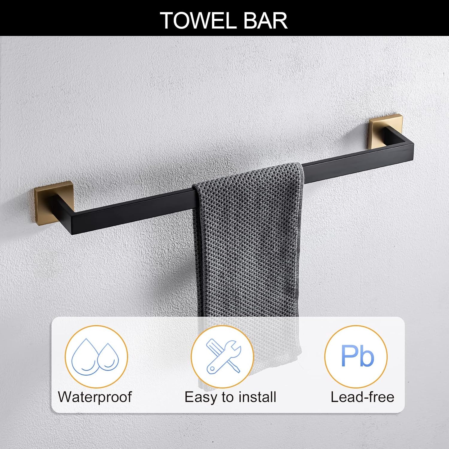 5-Piece Modern Bathroom Hardware Set, Stainless Steel Towel Bar Set with Robe Hook, Matte Black & Gold Finish