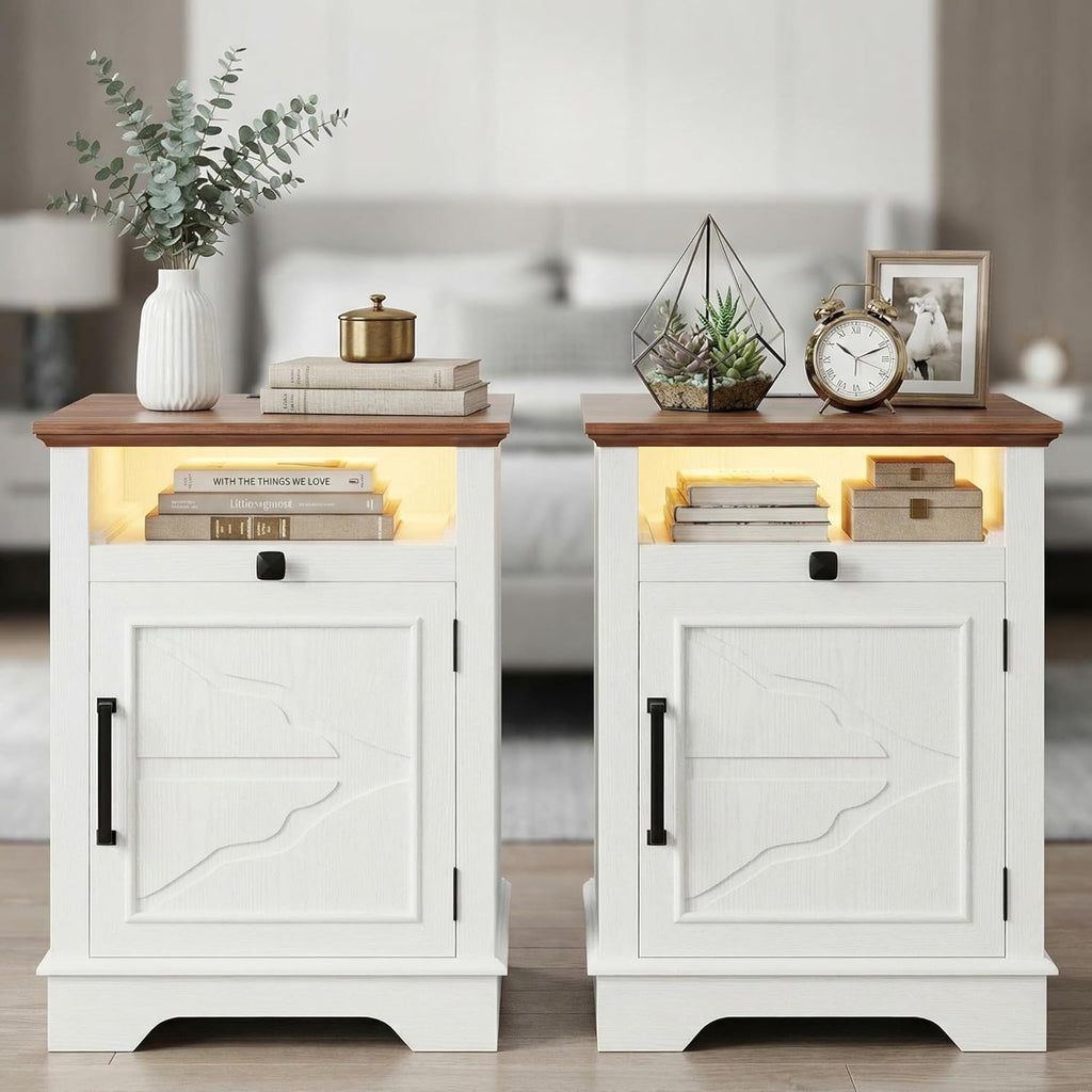 IRONCK Farmhouse End Table Set of 2, Nightstand with Charging Station and App Controlled LED, End Table with Storage for Bedroom Living Room,White