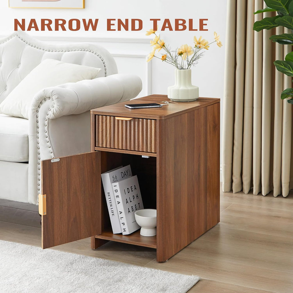 Fluted Narrow End Table with Charging Station, Farmhouse Side Table with Drawer Storage, Small Night Stand with Power Outlets and USB Ports, Sofa Side Table for Living Room - Walnut