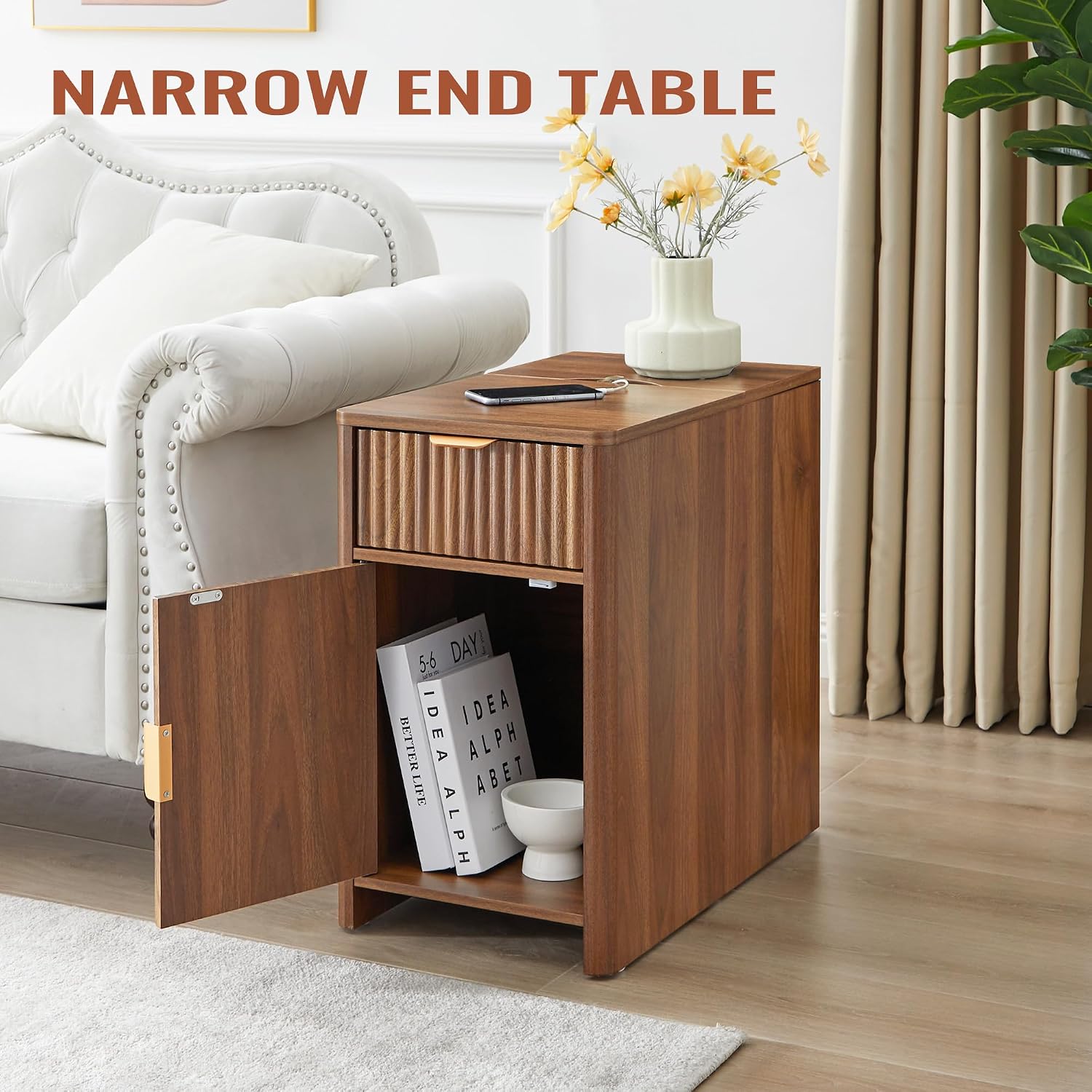 Fluted Narrow End Table with Charging Station, Farmhouse Side Table with Drawer Storage, Small Night Stand with Power Outlets and USB Ports, Sofa Side Table for Living Room - Walnut