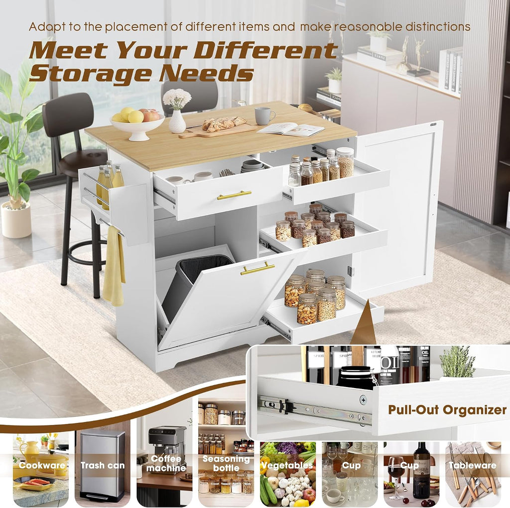 48' Kitchen Island with Trash Can Storage & Drop Leaf, Rolling Kitchen Island Table Cart with Spice/Towel Rack, Portable Kitchen Cabinet Bar Carts on Wheels with Drawer for Dining Room (White)