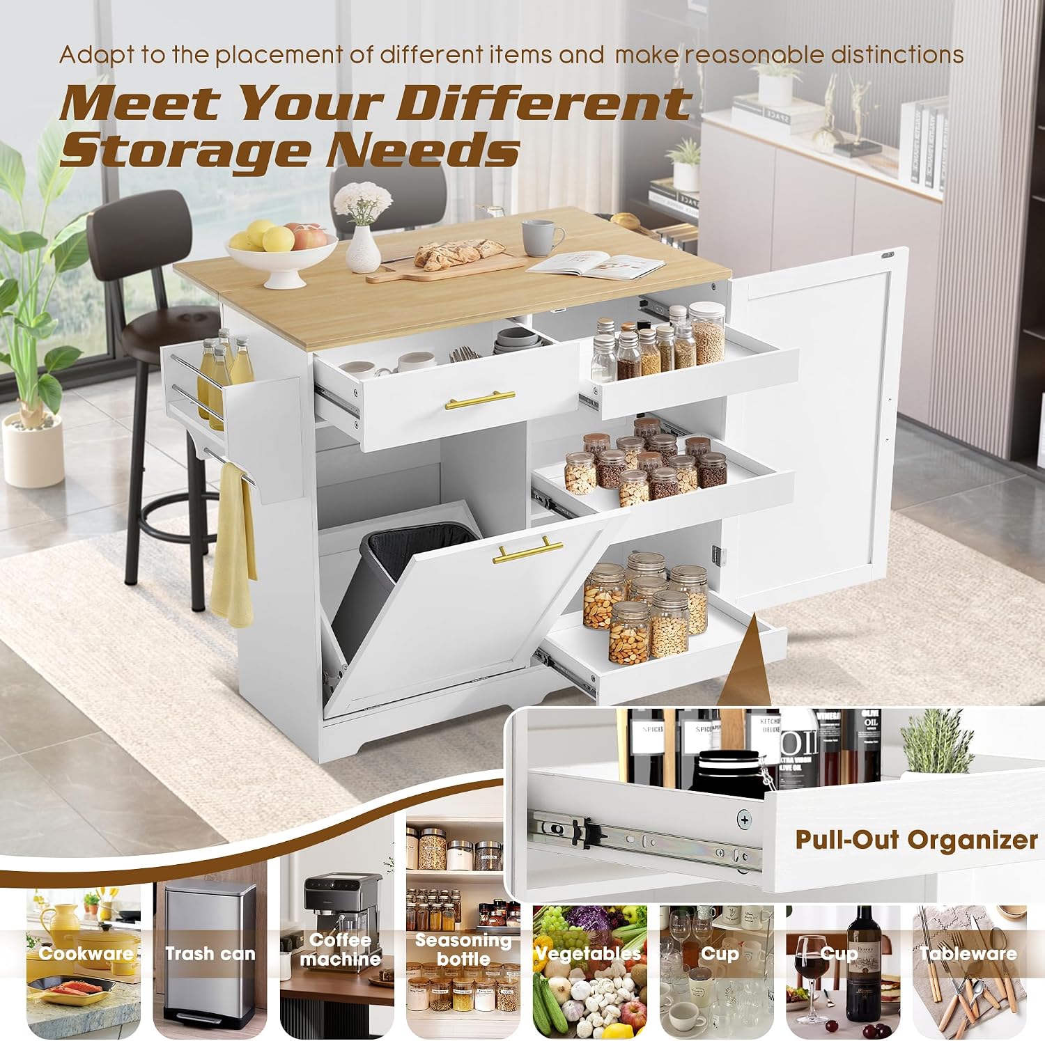48' Kitchen Island with Trash Can Storage & Drop Leaf, Rolling Kitchen Island Table Cart with Spice/Towel Rack, Portable Kitchen Cabinet Bar Carts on Wheels with Drawer for Dining Room (White)