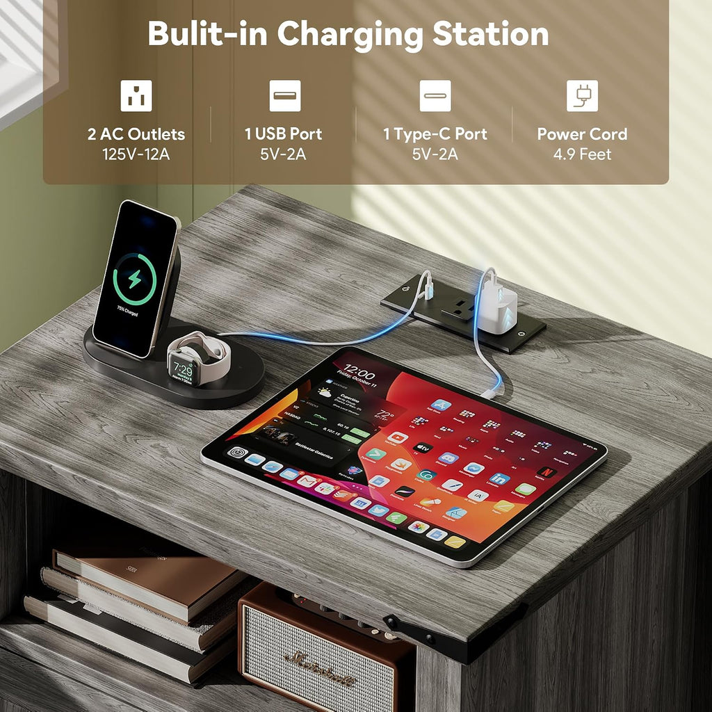 Decofy Farmhouse Nightstand Set of 2 with Charging Station, 18'' Wide Rustic End Table with USB/Type-C Ports, 2 Drawers & Open Shelf, Wood Bedside Table for Bedroom, Grey Oak