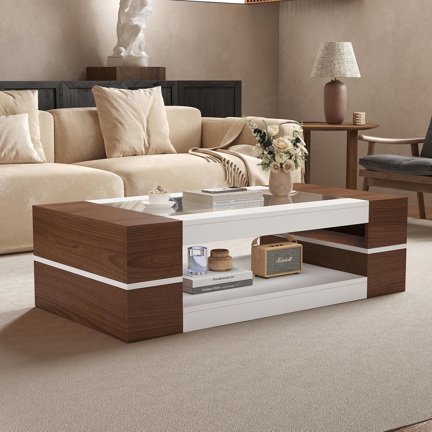 HedoAjim 47.2' Modern Stylish Coffee Table with Glass Table Top, Large Living Room Table Rectangular 2-Tier Center Tables with Storage, Wood Cocktail Tea Tables for Dining Reception Room White Walnut