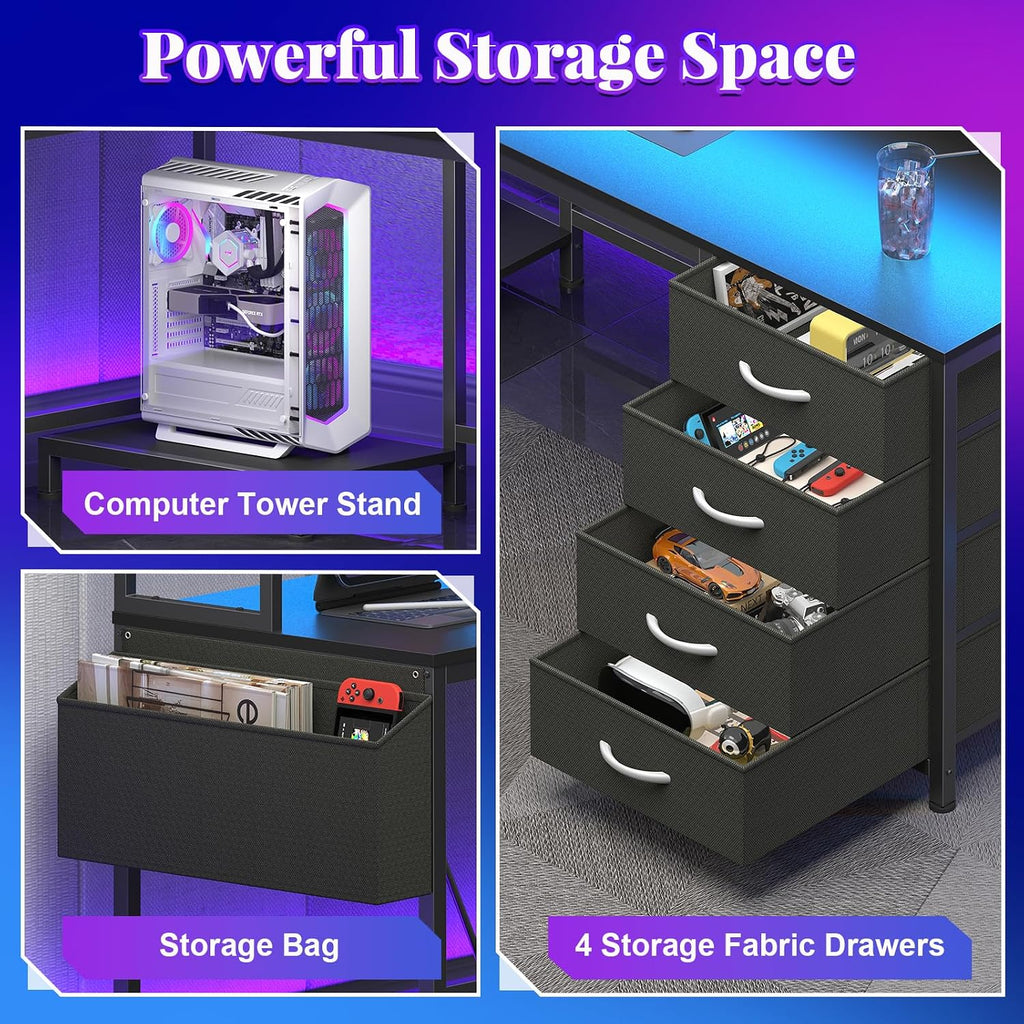 L Shaped Gaming Desk with Hutch, Reversible Computer Corner Desk with Drawers, Gaming Desk with LED Lights Panel, Power Outlets, Pegboard and Monitor Stand, Black