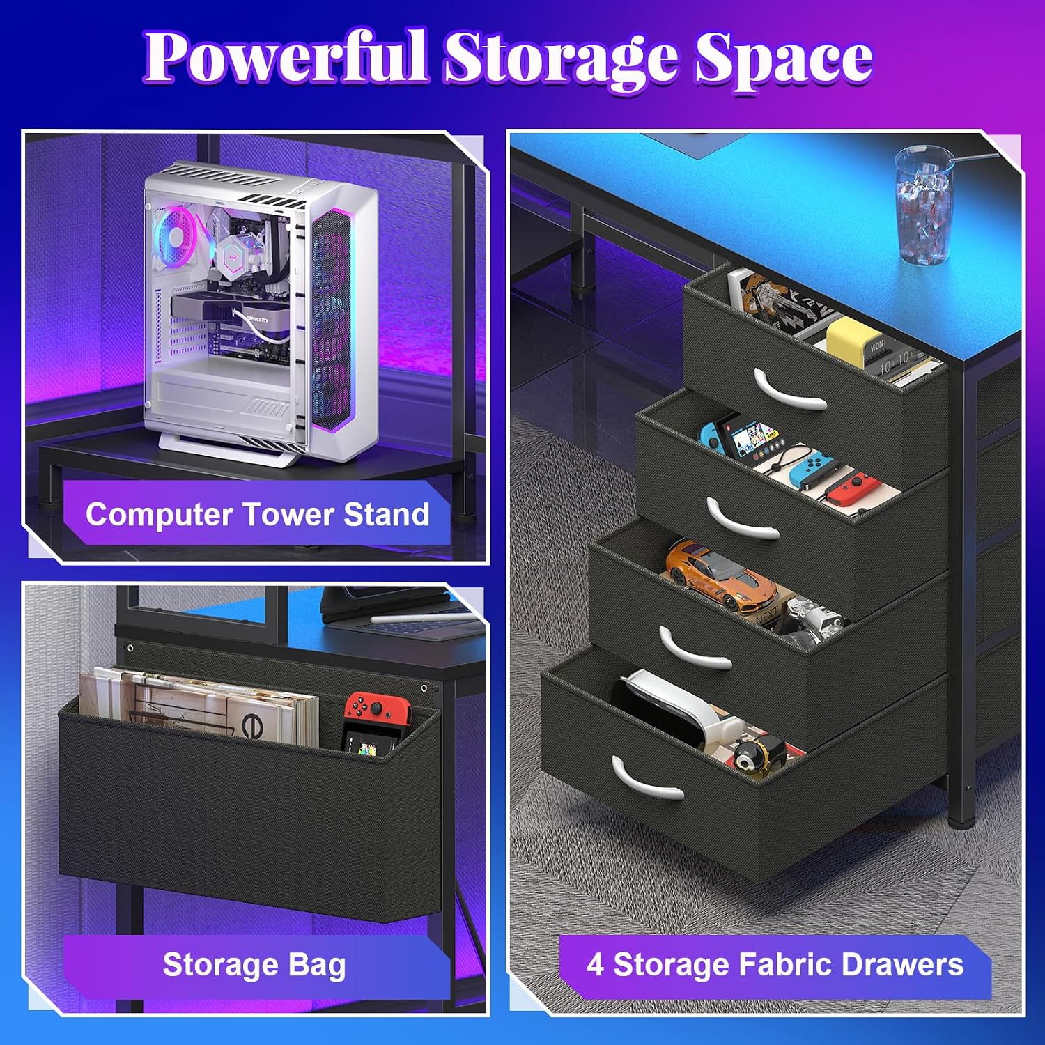 L Shaped Gaming Desk with Hutch, Reversible Computer Corner Desk with Drawers, Gaming Desk with LED Lights Panel, Power Outlets, Pegboard and Monitor Stand, Black