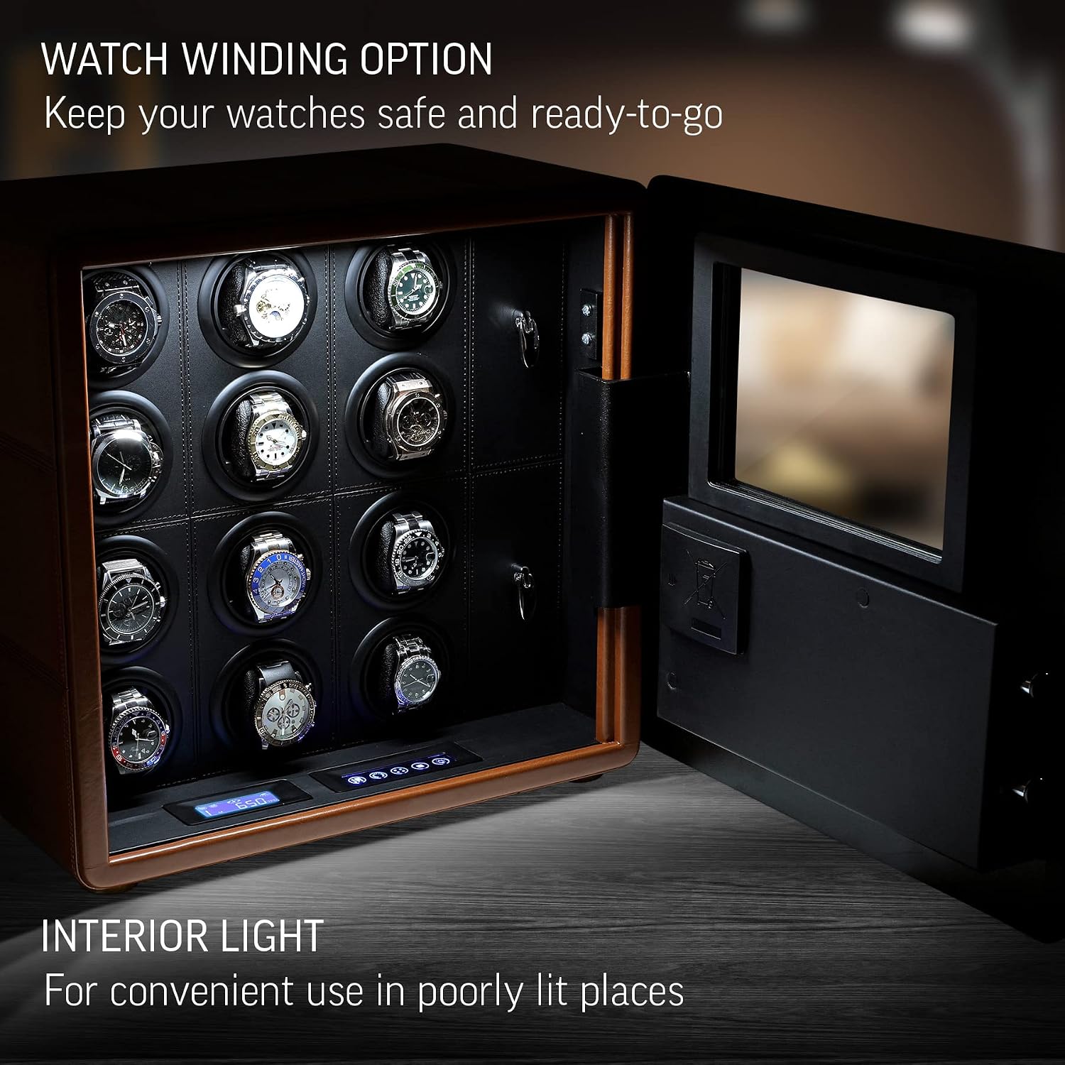 12 Watch Winder with Fingerprint Lock, Interior Light, Alarm System and 2 Storage Compartments