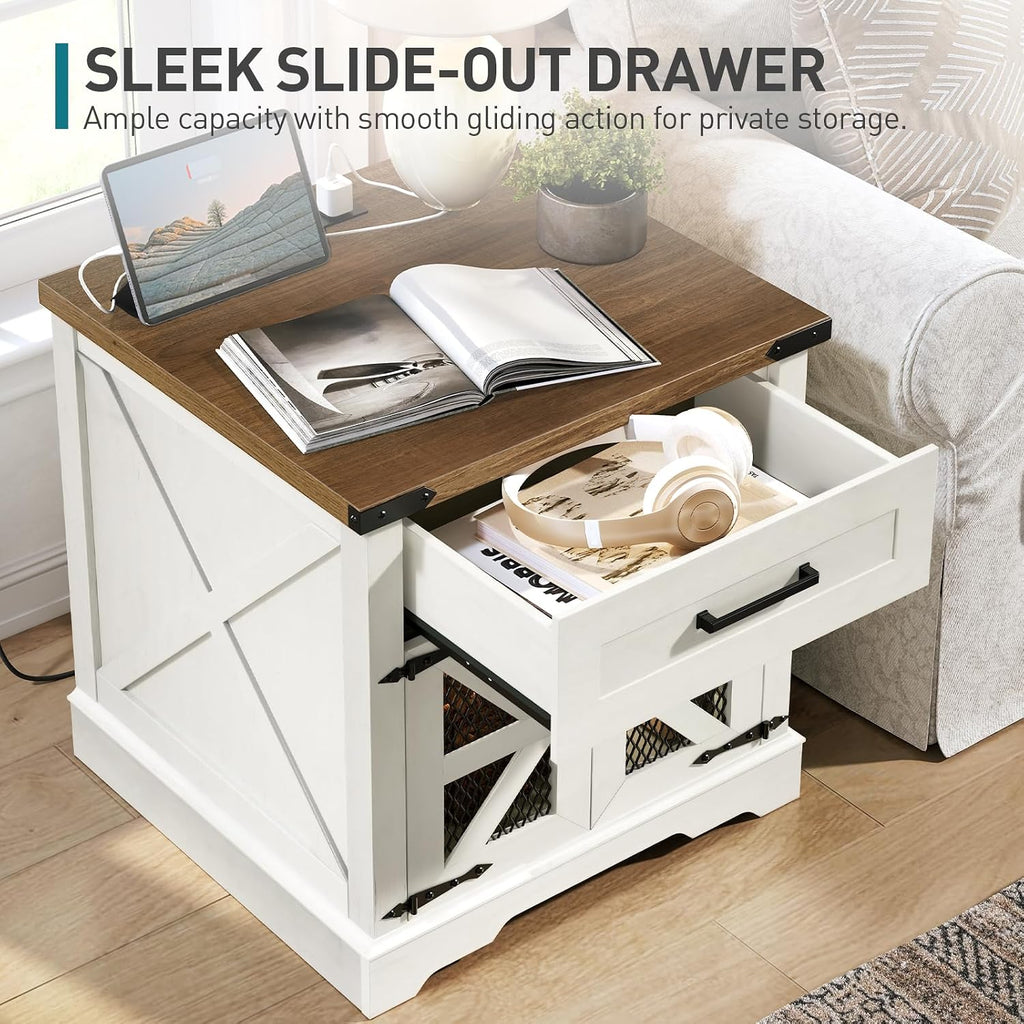 RALGEND White Farmhouse End Table with Charging Station, 24' Large Sofa Side Table with Drawer, Large End Table for Living Room, Wooden Nightstand with Outlet, Square, White and Walnut