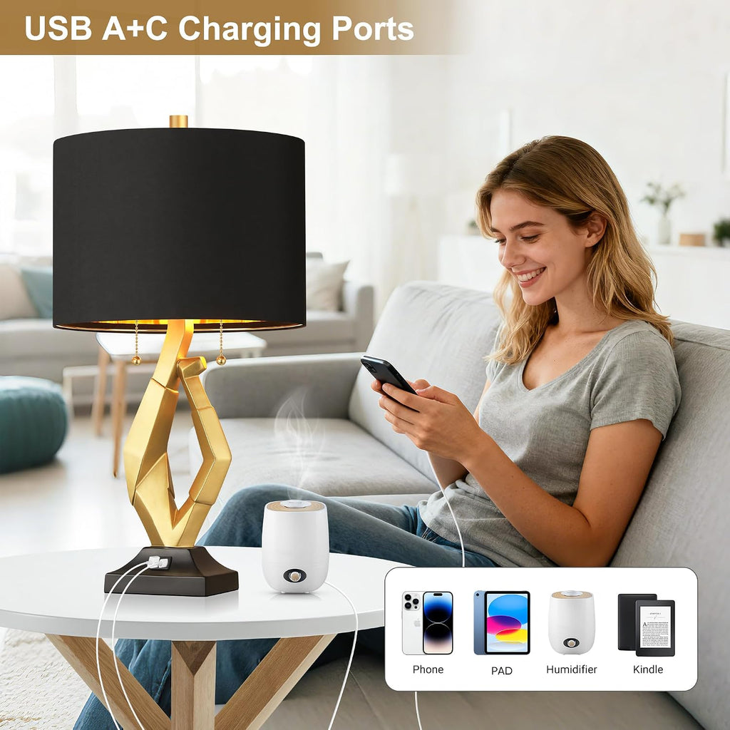ROTTOGOON Sculptural Table Lamps for Living Room Set of 2 with USB Ports, 24.5' Modern Black and Gold Lamp with S Cluster Pull Chains Switch, End Table Lamps for Bedroom, Nightstand, Office