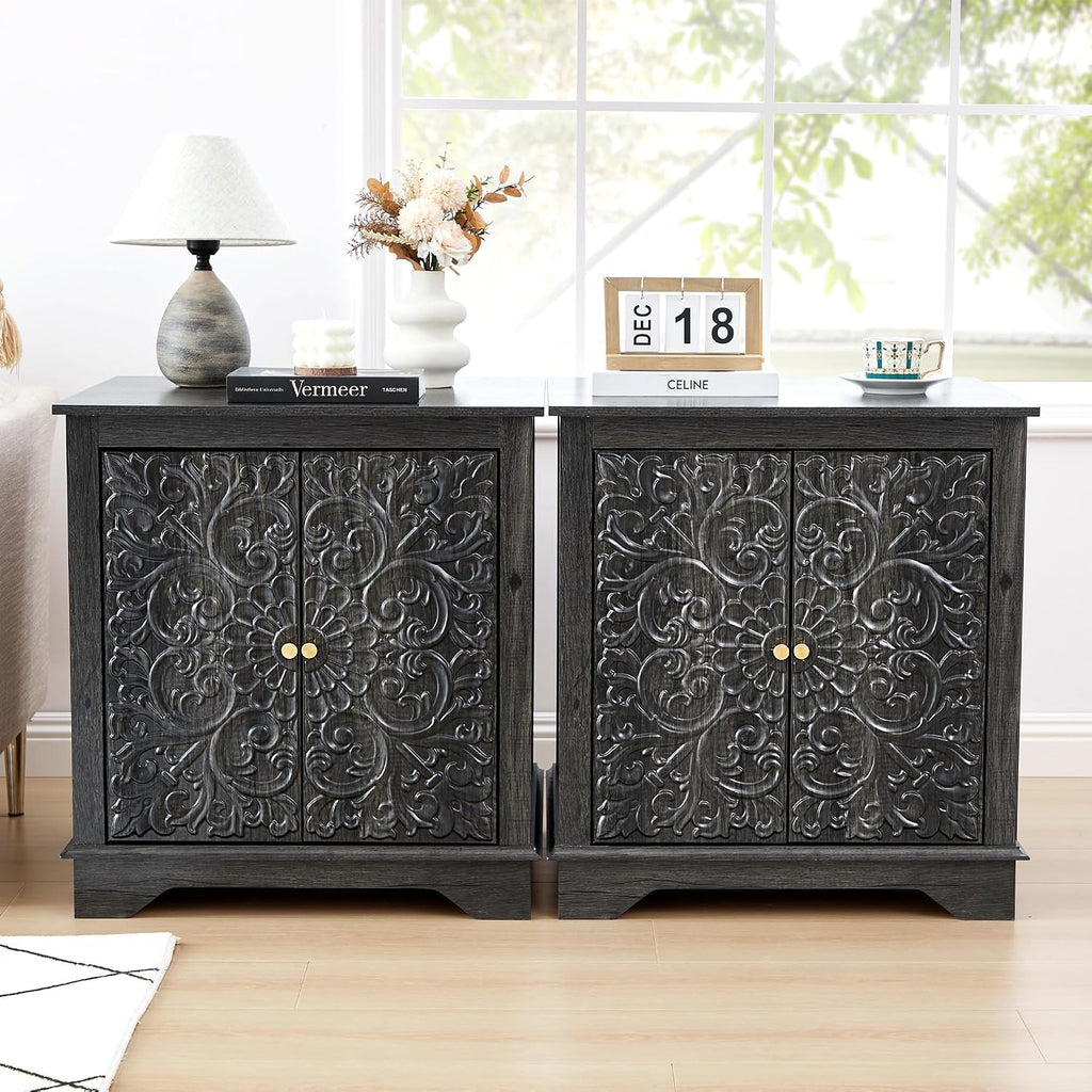 weselon End Table Set of 2, 24' Farmhouse Nightstand with Carved Floral Door & Adjustable Shelf, Square Wooden Sofa Side Table with Storage for Living Room Bedroom (Antique Black-Brown)