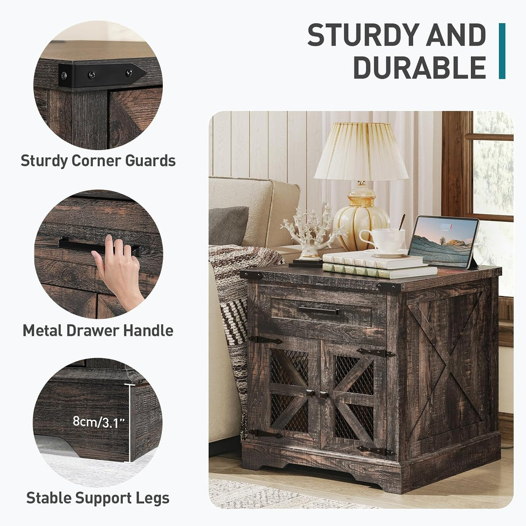 RALGEND Farmhouse End Table Set of 2, 24' Large Sofa Side Table with Drawer, Large End Table for Living Room, Wooden Nightstand with Charging Station, Square, Dark Rustic Oak