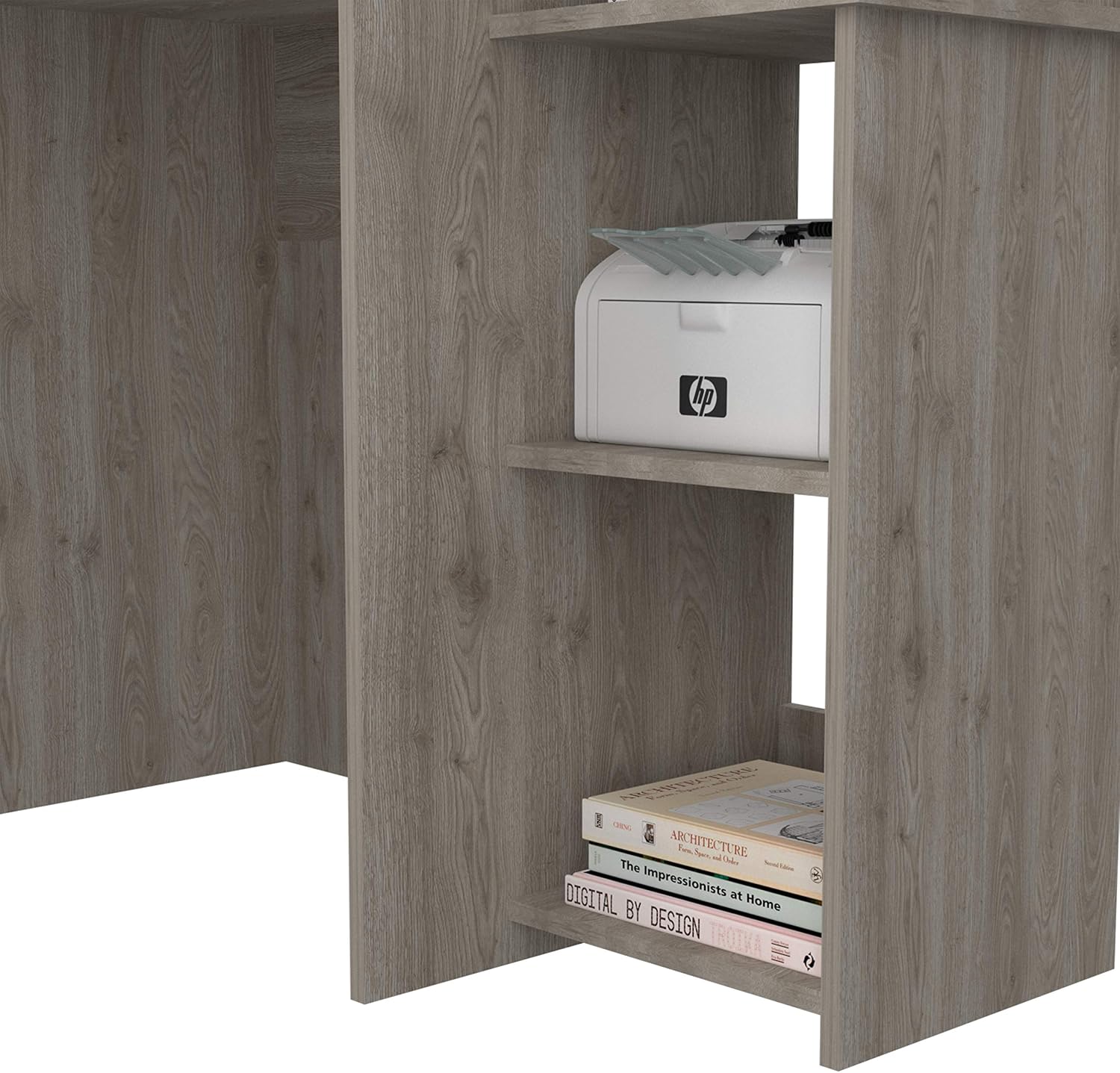 Tuhome Versalles Writing Desk with Two Superior Shelves, Five Side Open Storage Compartments, Space-Saving Modern Workstation Design for Studios and Offices, Ideal for Organization
