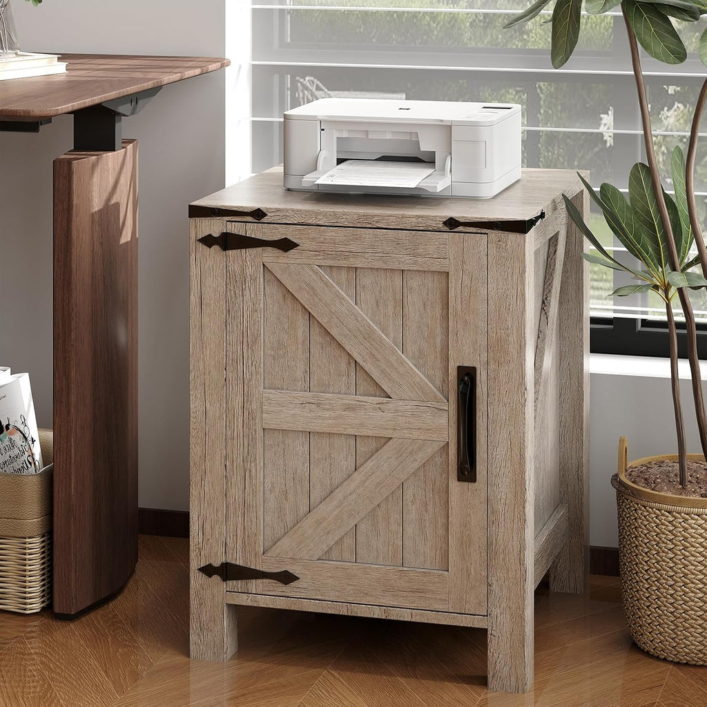 Garvee Rustic Farmhouse Nightstand Set of 2 with Charging Station, Barn Door and Adjustable Storage Shelf, Wooden Small Bedside Table, 18' Modern Two-Tier Nightstand & End Table for Bedroom
