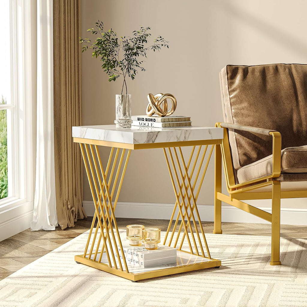Tribesigns Square End Table White Gold 2-Tier Side Table Modern Small Bedside Tables with Storage for Couch, Sofa Side Tables with Stylish Metal Frame for Living Room (2, Faux Marble White+Gold)