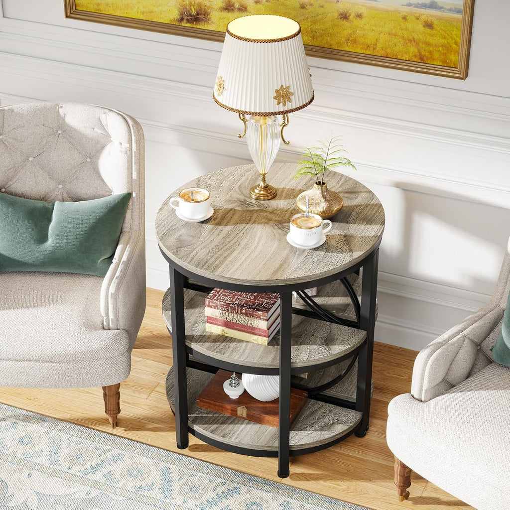 Tribesigns Half Round End Table Set of 2, 3-Tier Half Circle Side Table with Metal Frame, Industrial Half Moon Table, Half Coffee Accent Table Bedside Table for Living Room, Bedroom, Grey