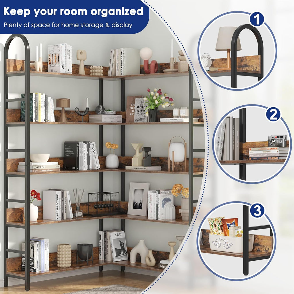 Nosepen L Shaped Corner Bookcase and Bookshelves, 5-Tier Tall Open Shelf Etagere Bookcase, Wood and Metal Large Library Industrial Bookcases Display Rack for Living Room Home Office,Black+Brown