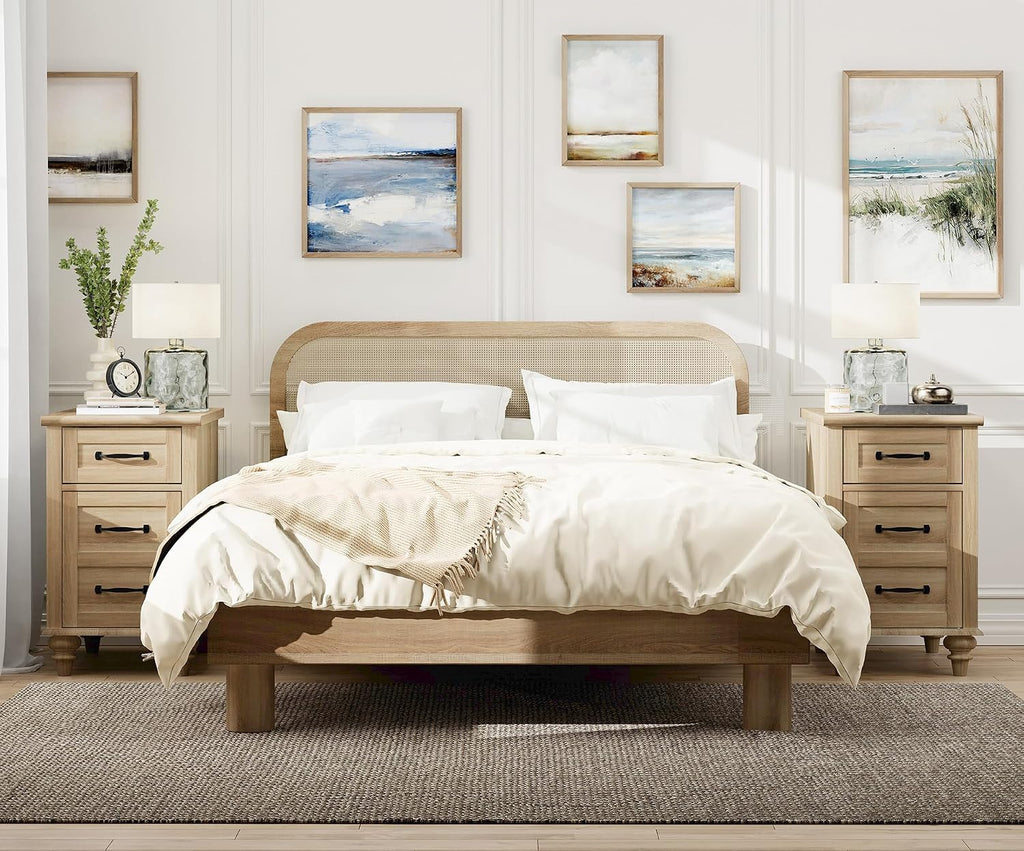 WAMPAT Set of 2 End Tables with Charging Station, Light Wood Sofa Side Table with Drawer & Storage Cabinet, Farmhouse Nightstand with Power Outlets & USB Ports for Living Room, Bedroom, Oak