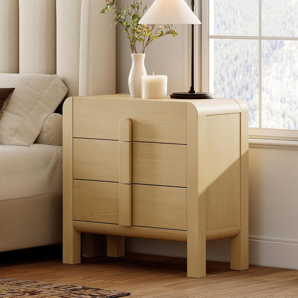 WAMPAT Nightstands Set of 2, Large Nightstands with 3 Drawers, Modern 31.5' Tall Wooden End Tables with Storage, Oak Nightstands Bedside Tables with Curved Design for Bedroom