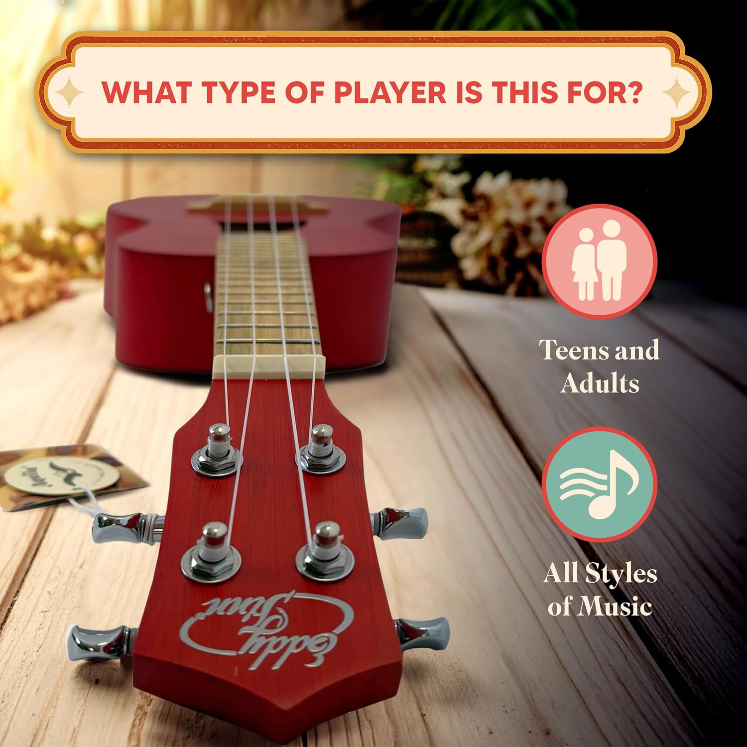 Bamboo Beach Concert Ukulele for Adults, Beginner and Professional Musical Instrument, Travel-Friendly with Gig Bag, Transparent Red
