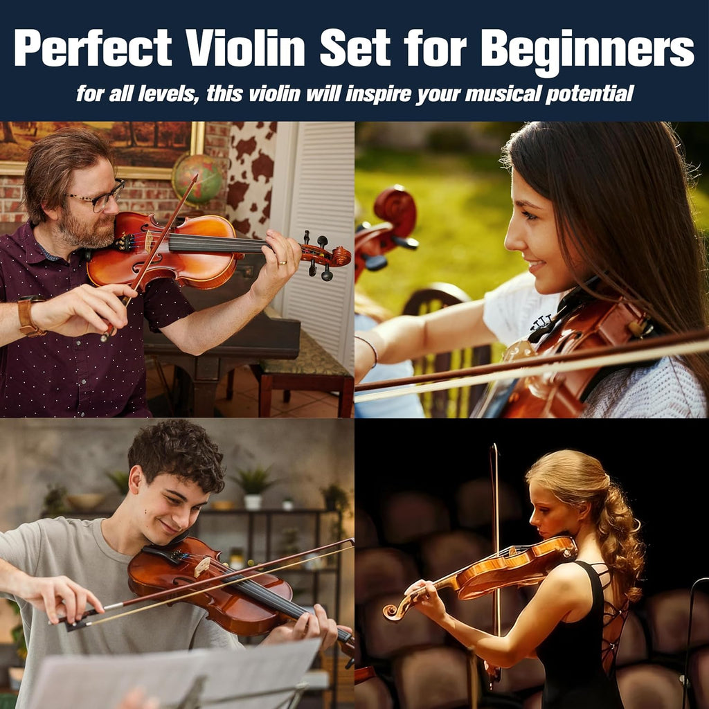 Mendini by Cecilio 3/4 Violin Set For Beginners - Hand Carved Acoustic Violins Kit - Fiddle Solid Wood Kit with Hard Case, Bow, Rosin, Shoulder Rest, Bridge and Extra Strings