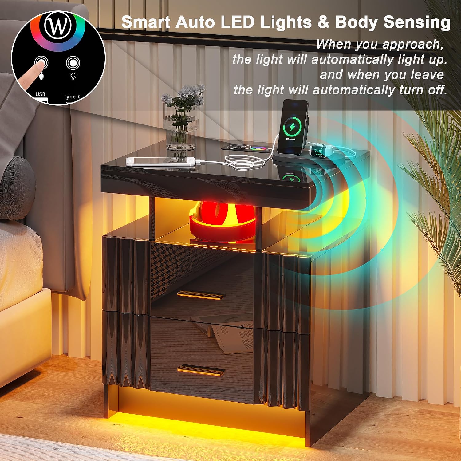 Nightstand with Wireless Charging Station, Bedroom Bedside Table with RGB Lights, Smart Night Stand with 2 Drawers, Bedside Tables Modern Bedside Table for Bedroom, Living Room(Black)