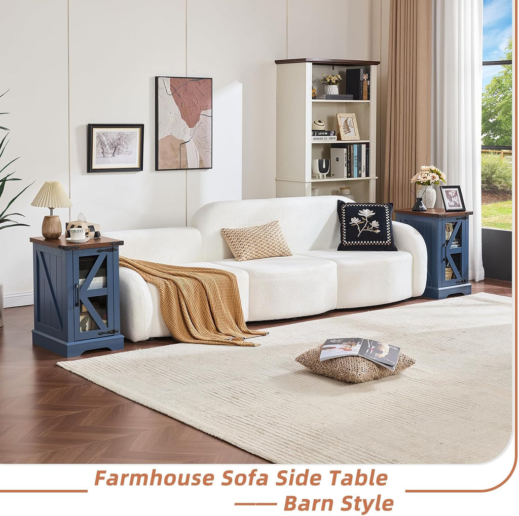 Joaxswe Farmhouse 14'' Side End Table Set of 2, Narrow Night Stand with Glass Barn Door, Storage Bedside Tables, Nightstand Cabinet Organizer for Small Spaces Living Room Bedroom
