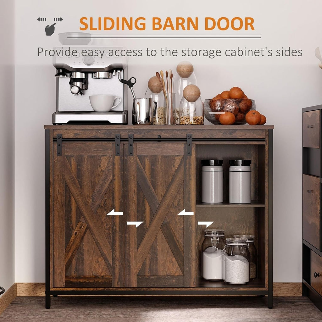Industrial Farmhouse Buffet Cabinet, Kitchen Sideboard with Sliding Barn Doors, Three Drawers and Adjustable Shelves for Living Room, Dining Room, Rustic Brown ﻿,for The Kitchen