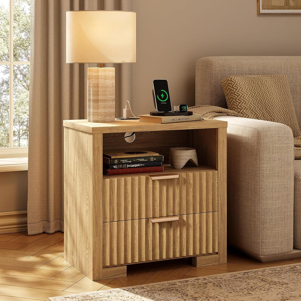 24' Fluted Night Stand Set of 2 with Charging Station, Wood Bedside Table with 2 Drawers and Open Shelf, Modern nightstand for Bedroom, Office, Natural Oak
