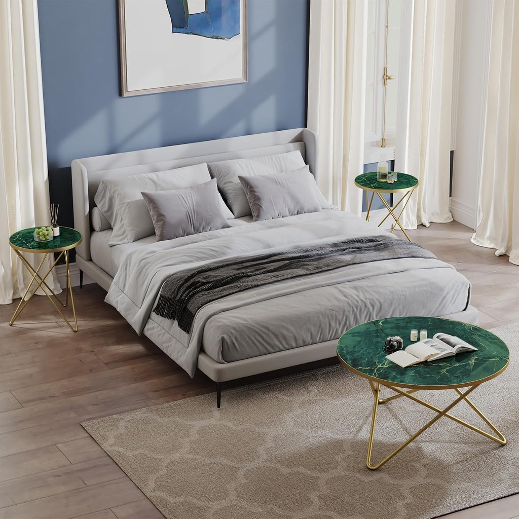 HLR Modern Round Coffee Table and Side Table Set of 3,End Table with Faux Marble Top and Gold Metal Frame, Side Table for Living Room, Bedroom, Sofa and Couch, Gold Legs, Green Marble Top