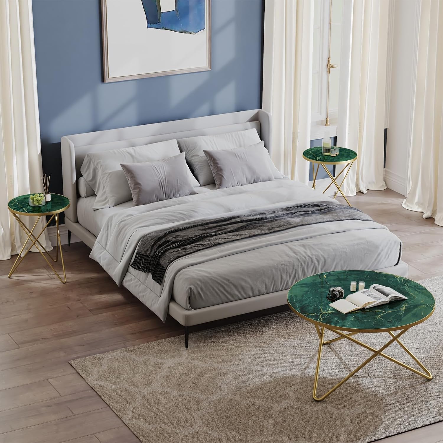 HLR Modern Round Coffee Table and Side Table Set of 3,End Table with Faux Marble Top and Gold Metal Frame, Side Table for Living Room, Bedroom, Sofa and Couch, Gold Legs, Green Marble Top