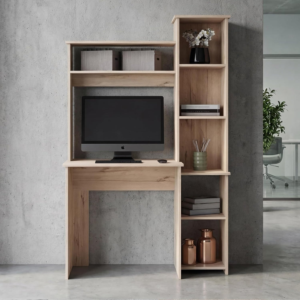 Tuhome Versalles Writing Desk with Two Superior Shelves, Five Side Open Storage Compartments, Space-Saving Modern Workstation Design for Studios and Offices, Ideal for Organization, Books