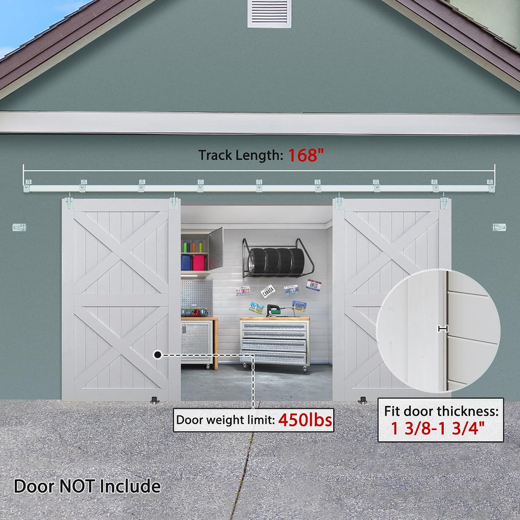 Exterior Barn Door Hardware Kit, BARNSMITH 14FT Sliding Barn Door Hardware Heavy Duty Doors Track Kit for Double Doors Use, Wall Mount, Silver (Hardware Only)