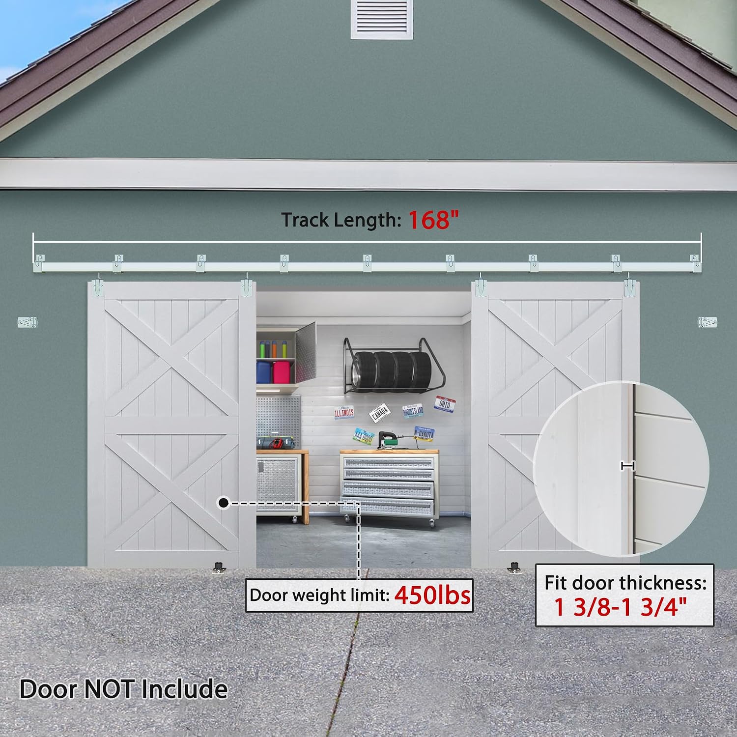 Exterior Barn Door Hardware Kit, BARNSMITH 14FT Sliding Barn Door Hardware Heavy Duty Doors Track Kit for Double Doors Use, Wall Mount, Silver (Hardware Only)