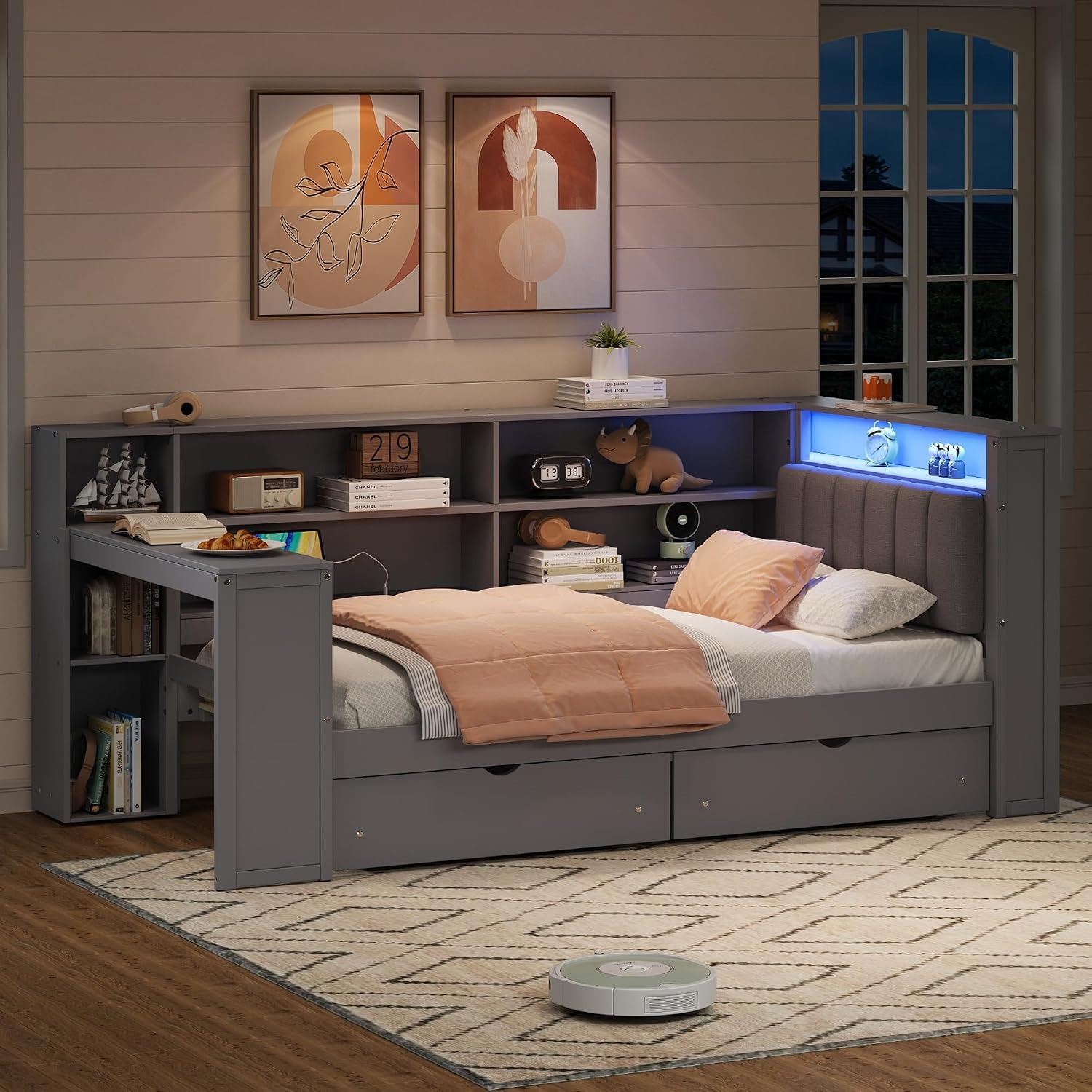Bellemave Twin Corner Bed with Bookcase Storage and LED Lights, Twin Daybed with Upholstered Headboard and Charging Station, Wooden Platform Bed Frame with Desk and 2 Large Drawers, Grey